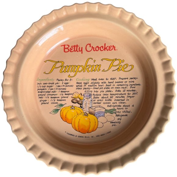 RARE: Vtg BETTY CROCKER Peach-Colored Pumpkin PIE PLATE Dish Recipe Taiwan 11" - Picture 2 of 15